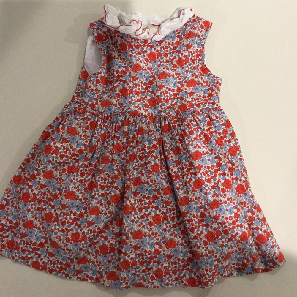 Red Floral Sleeveless Kids Dress with White Ruffled Collar